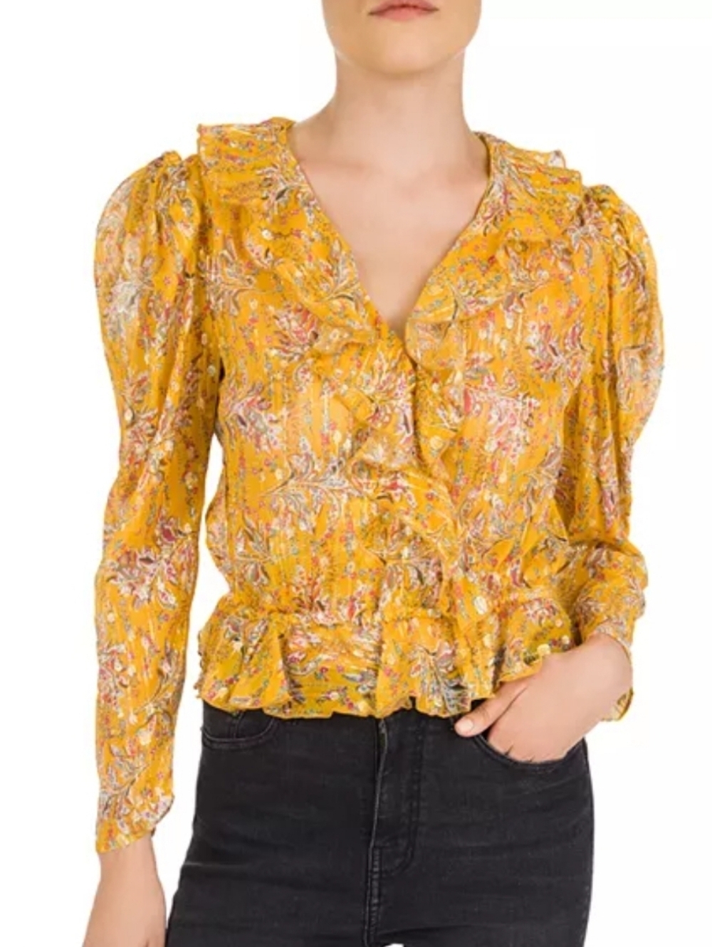 The Kooples Feuille D'or Ruffled Floral Silk Blend Blouse Puff Sleeve 1 or Small